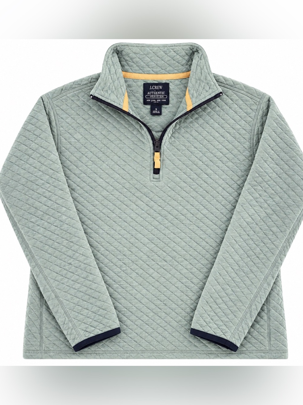 J. Crew Quilted Half-Zip Pullover in Sage with Yellow Trim Size S — Cozy Fall